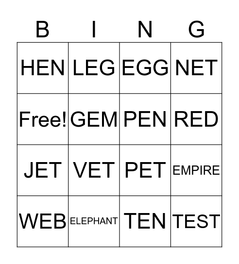 SHORT E VOWELS Bingo Card