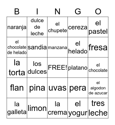 El Postre y Frutas  Bingo Card