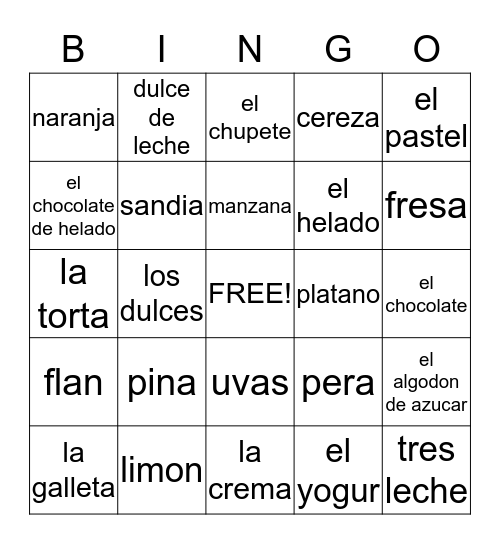 El Postre y Frutas  Bingo Card