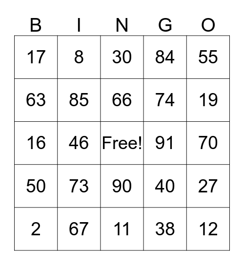 Numbers Bingo Card
