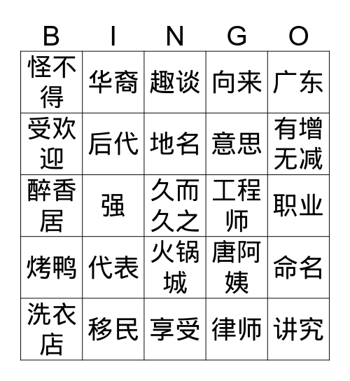 中餐馆名字趣谈 Bingo Card