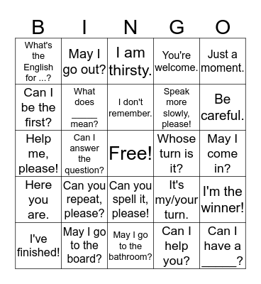 Classroom Language Bingo Card