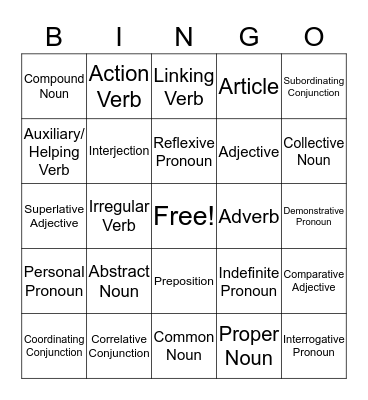 Parts of Speech Bingo Card