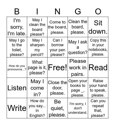 Classroom Language Bingo Card