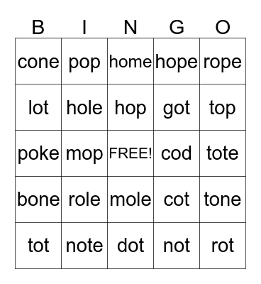 Long and Short O Bingo Card