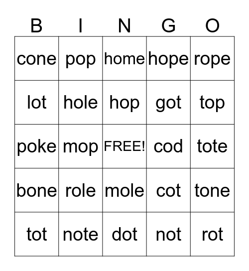 Long and Short O Bingo Card
