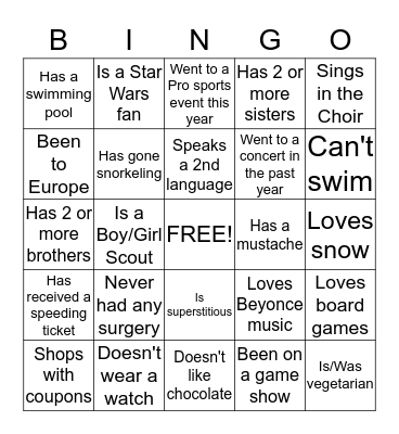 Getting to Know You! Bingo Card