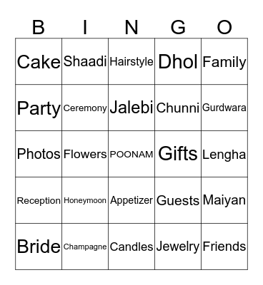 Poonam's Bridal Bingo Card