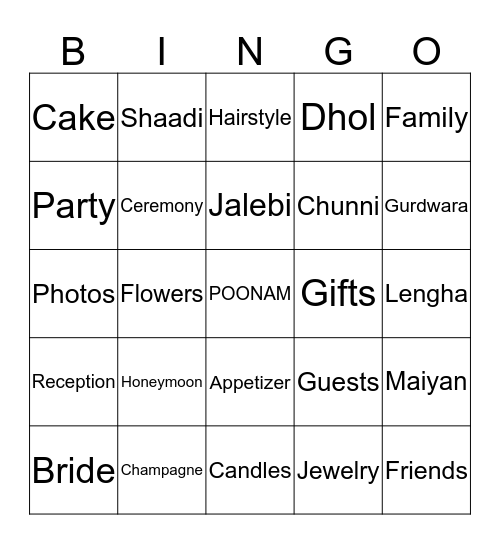Poonam's Bridal Bingo Card