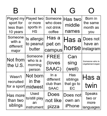 Getting To Know You Bingo Card