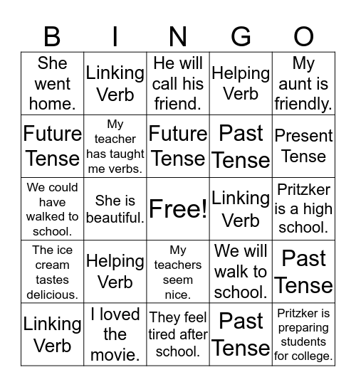 Verbs Bingo! Bingo Card