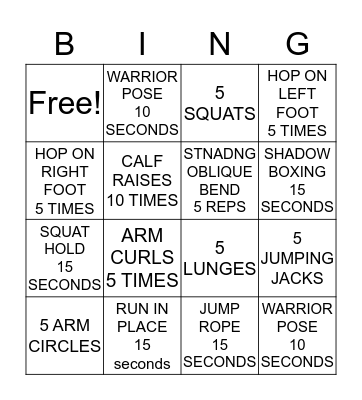 Fitness Bingo Card