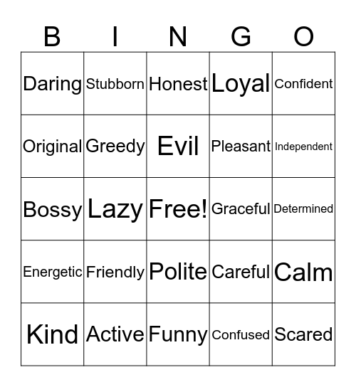 Charcter Trait Bingo Card