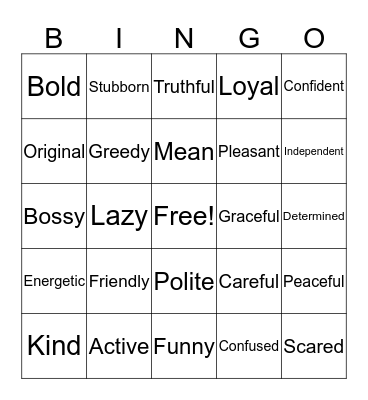 Charcter  Bingo Card