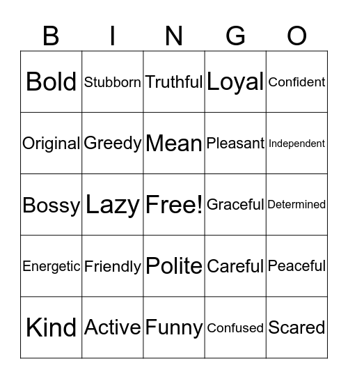 Charcter  Bingo Card