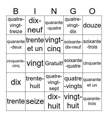 French numbers 10-95 Bingo Card