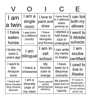 Get to Know VOICE Bingo Card