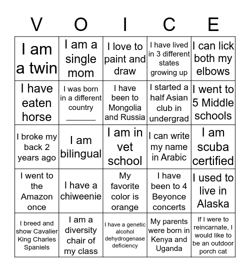 Get to Know VOICE Bingo Card