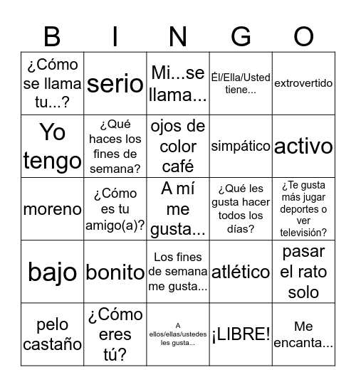 Español 2A: C1L1 Bingo Card