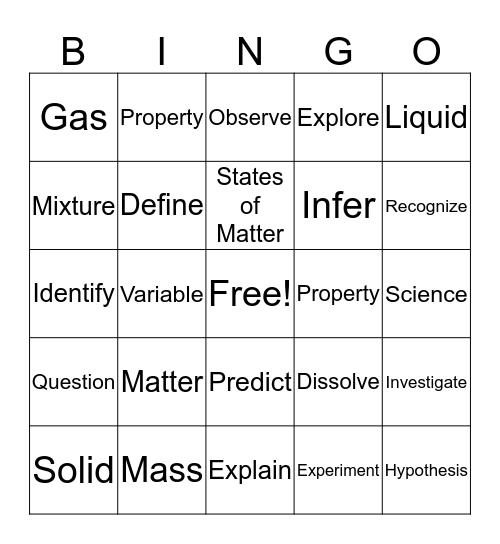 Properties of Matter Bingo Card