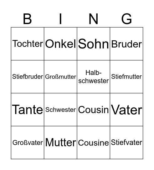 Familie Bingo Card