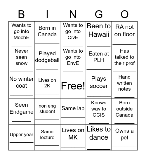 Human Bingo Card