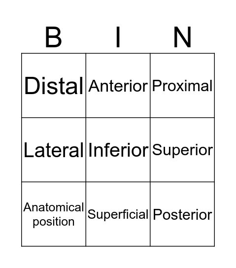 Directional Terms Bingo Card