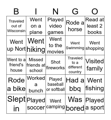 What Did You Do This Summer? Bingo Card