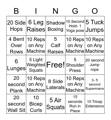 Fitness Bingo Card