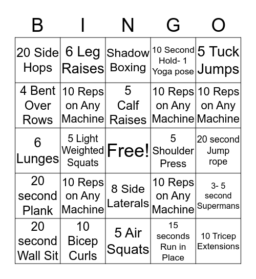 Fitness Bingo Card