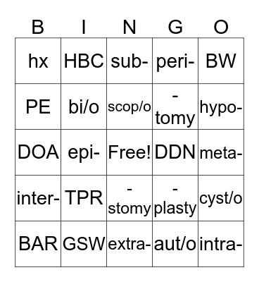 Intro Vet Sci Bingo Card