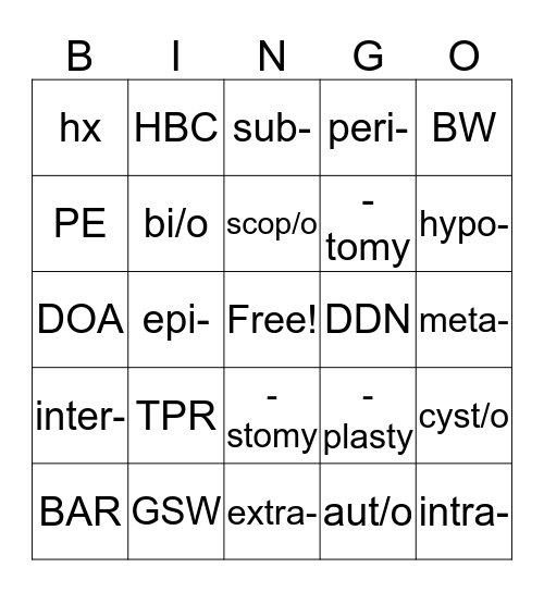 Intro Vet Sci Bingo Card