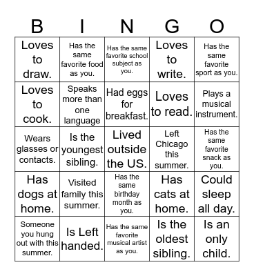 Get to know you BINGO Card