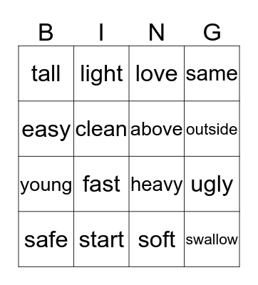 THE OPPOSITE Bingo Card