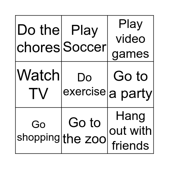 Weekend Activities Bingo Card