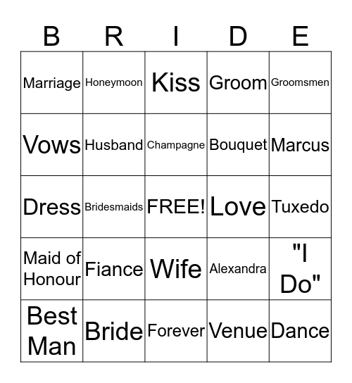 Alexandra's Bridal Shower  Bingo Card