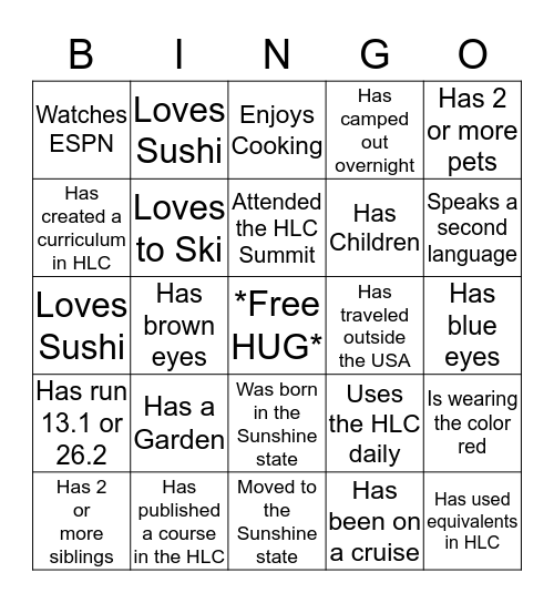 HUG Bingo Card