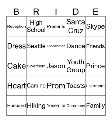 Natalie's Bridal Shower Bingo Card