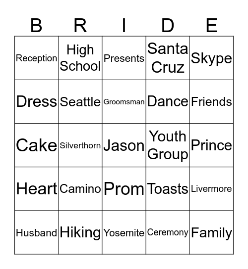 Natalie's Bridal Shower Bingo Card