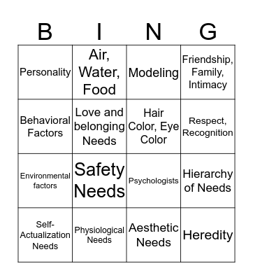 Needs and Personality Bingo Card