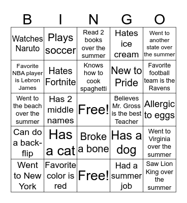 First Day Bingo Card