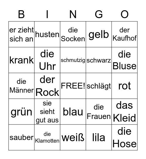 Kleidung/Farben Bingo Card