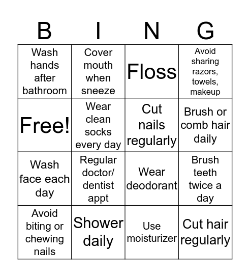 Personal Care Bingo Card