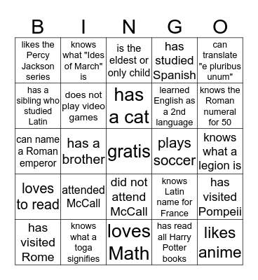 Find A Classmate Who... Bingo Card