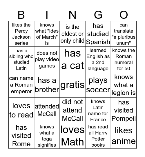 Find A Classmate Who... Bingo Card