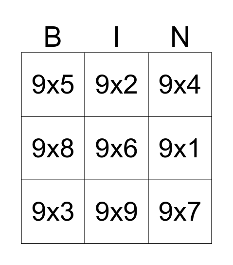 multiplication 9 Bingo Card