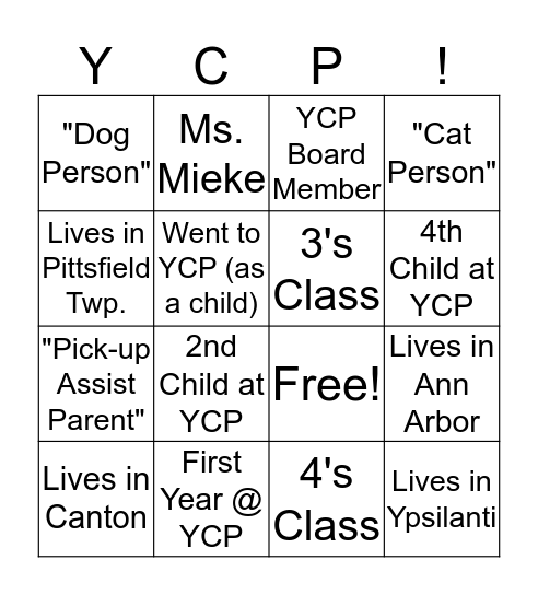 YCP Welcome Bingo! Bingo Card