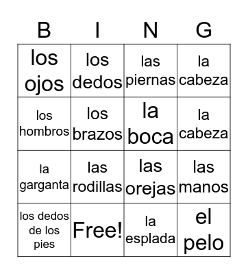 las partes del cuerpo  Bingo Card