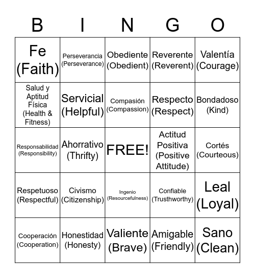 Cub Scout Bingo Card