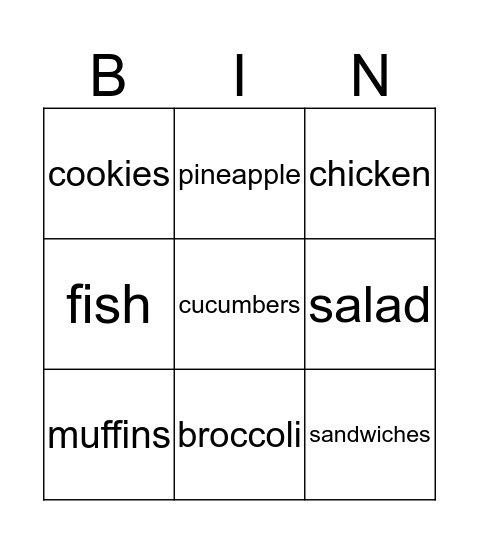 Food Bingo Card